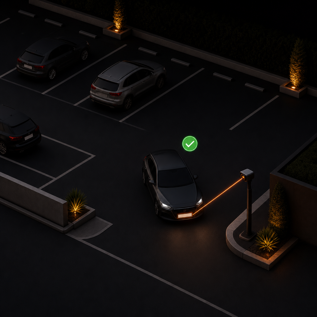 Illustration: Kennzeichenerfassung – ein schmaler Scan-Strahl liest nur das Kennzeichen eines einfahrenden Autos an der Einfahrt, der übrige Parkplatz bleibt unbeobachtet