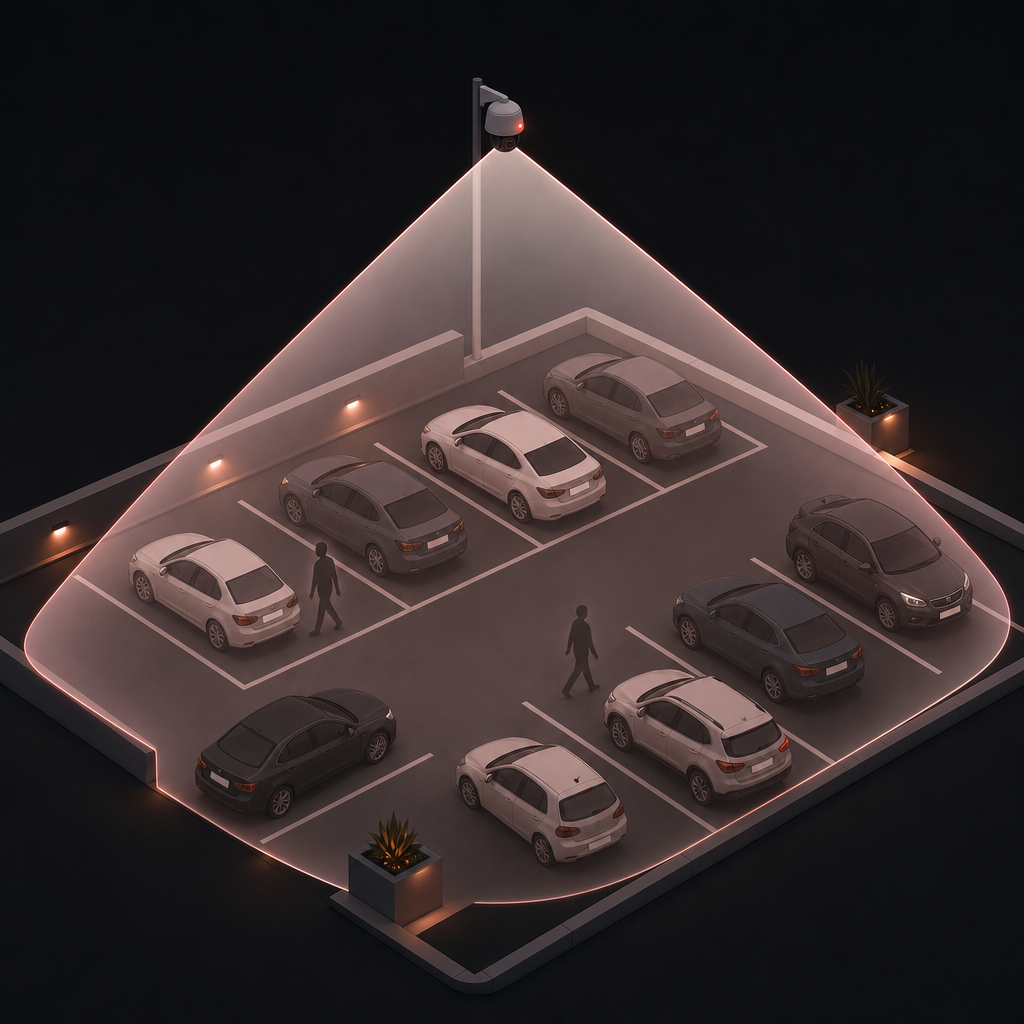 Illustration: Dauer-Videoüberwachung – ein breiter Überwachungskegel einer Dome-Kamera erfasst den gesamten Parkplatz inklusive Personen