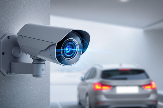 Moderne ANPR-Kamera, montiert an einer Parkhauseinfahrt, fokussiert und scannt ein Autokennzeichen zur automatischen Erfassung.