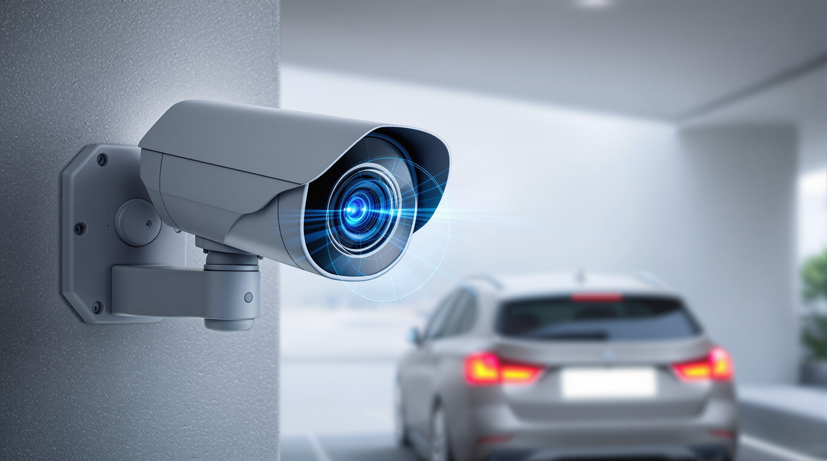 Moderne ANPR-Kamera, montiert an einer Parkhauseinfahrt, fokussiert und scannt ein Autokennzeichen zur automatischen Erfassung.